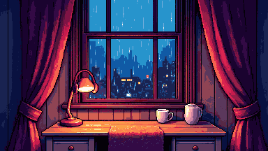 Pixel art lofi bedroom desk at night with rain on the window