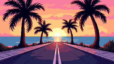 Pixel art coastal road at sunset