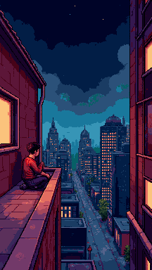 Pixel art person sitting on a rooftop above a city at night
