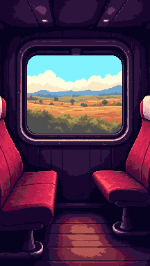Pixel art view from a train window at dusk