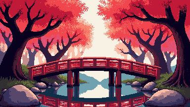 Pixel art Japanese garden with a red bridge
