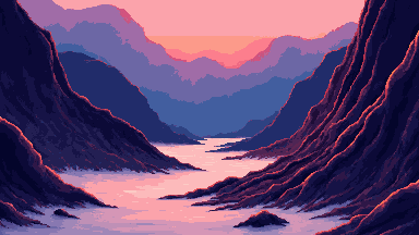 Pixel art mountains at dawn above cloud