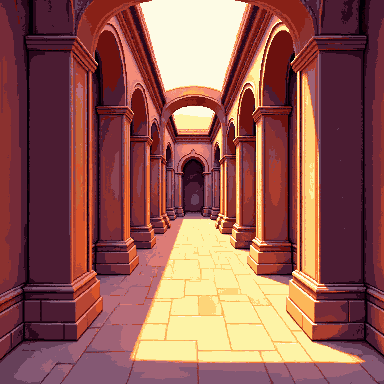 Pixel art minimal arches in warm light