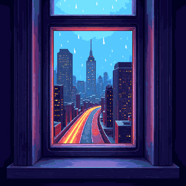 Pixel art view through a rainy window over a city