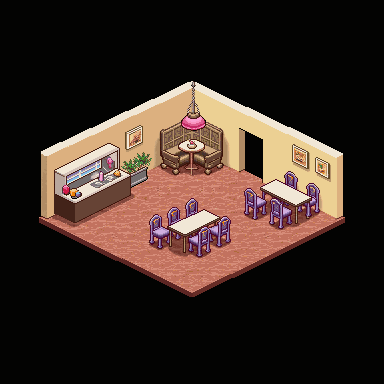Pixel art isometric cafe diorama