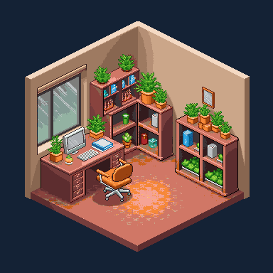 Pixel art isometric workspace diorama
