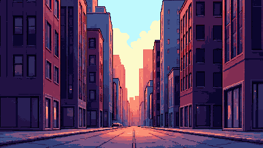 Pixel art city street at dawn