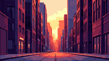 Pixel art city street at sunset