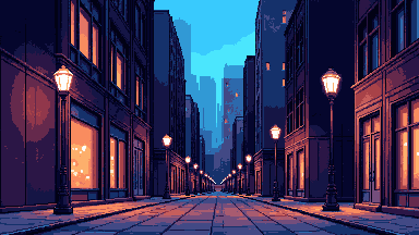 Pixel art city street at night