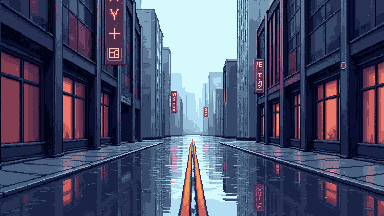 Pixel art city street in the rain