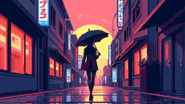 Pixel art of a woman with an umbrella walking down a rain-slick Tokyo street at sunset