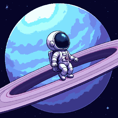Pixel art of a small astronaut sitting on the ring of a purple planet