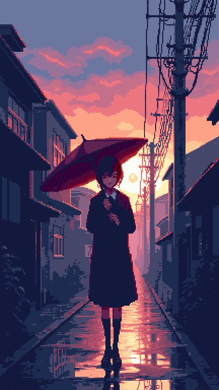 Pixel art of a girl with a red umbrella on a rain-slick street at sunset