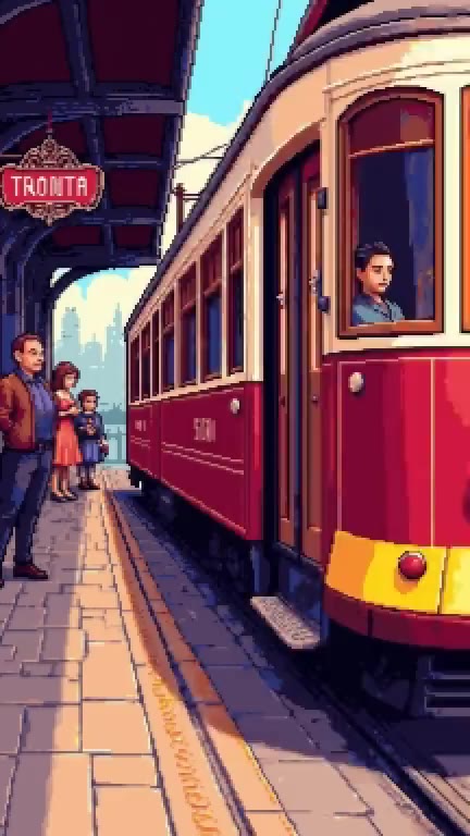 Pixel art of a red tram pulling into a station as passengers wait on the platform