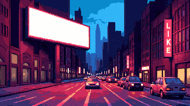 Pixel art illuminated billboard above a city street at dusk