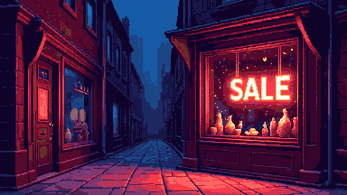 Pixel art shop window with a sale sign at night