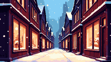 Pixel art snowy high street with warm shop lights