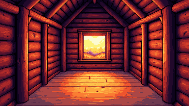 Autumn cabin interior pixel art banner