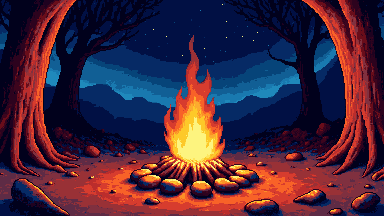 Campfire under stars pixel art banner