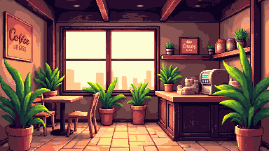 Coffee shop corner pixel art banner