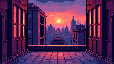Rooftop city view pixel art banner