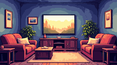 Split-screen co-op couch pixel art banner
