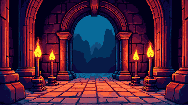 8-bit dungeon entrance pixel art banner