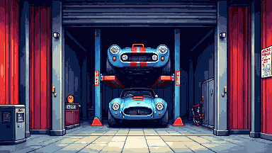 Retro racing garage pixel art banner