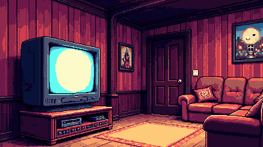 VHS rewind lounge pixel art banner
