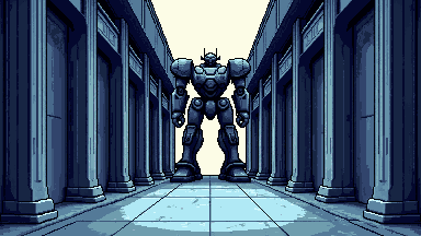 Mech hangar pixel art banner