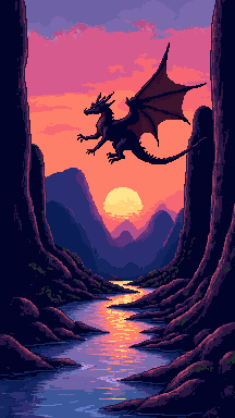 Dragon silhouette at sunset pixel art wallpaper