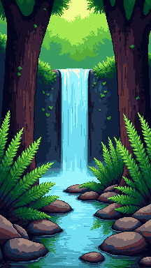 Forest waterfall pixel art wallpaper